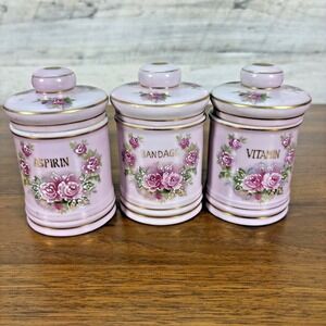 Vintage Lefton Pill Jars with Floral Design 1950's Hand Painted Porcelan
